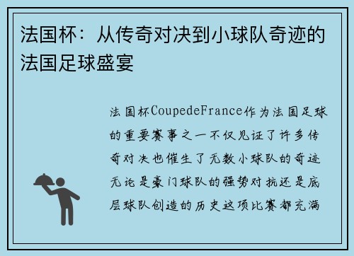 法国杯：从传奇对决到小球队奇迹的法国足球盛宴